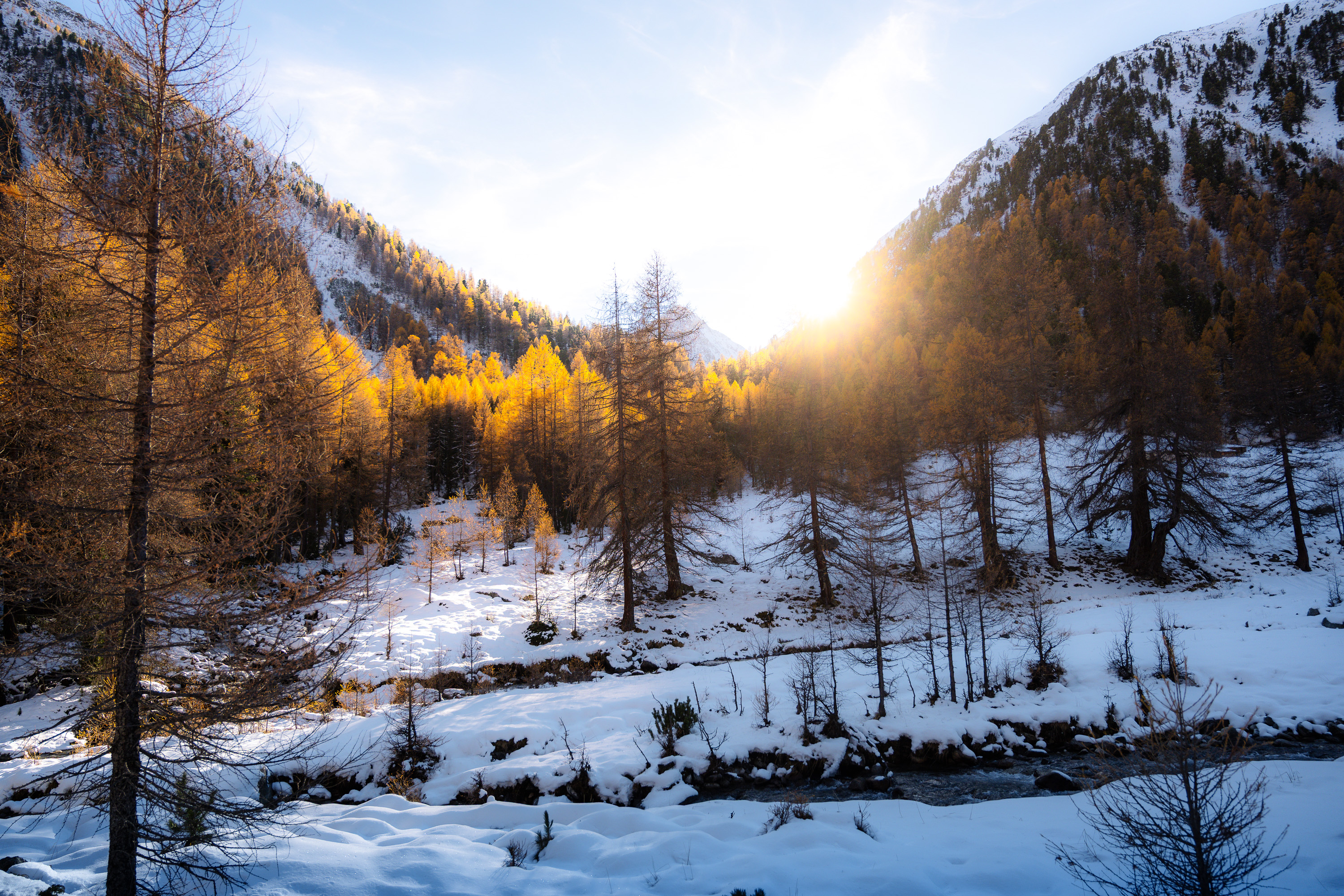 Schnee Herbst Sonne Berge